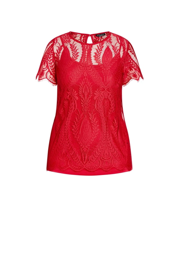 Trendy Plus Size Mirrored Lace Crew Neck Top Raspberry 16W