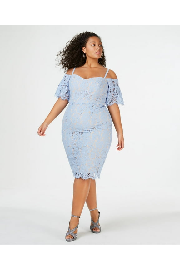 Trendy Plus Size Off The Shoulder Lace Dress Blue Powder S