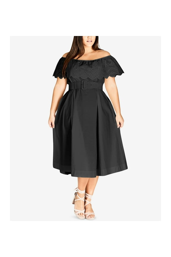 Trendy Plus Size Off The Shoulder Midi Dress Black 20W