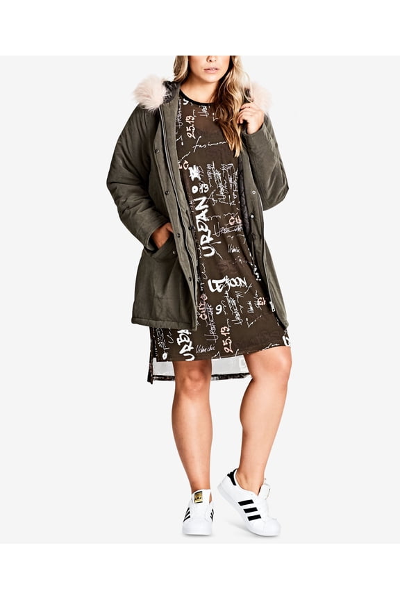 Trendy Plus Size Pretty Girl Parka Khaki Green 22W