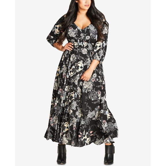 City Chic Trendy Plus Size Printed Maxi Dress Black Floral XXL