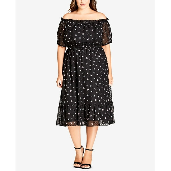 City Chic Trendy Plus Size Printed Off The Shoulder Dress Dobby Flor 24W