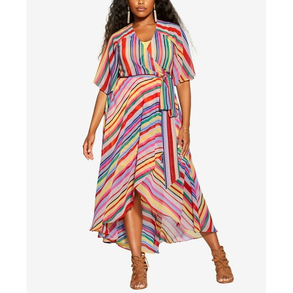 City Chic Trendy Plus Size Rainbow Deep V Neck Maxi Dress Rainbow Stripe 16W