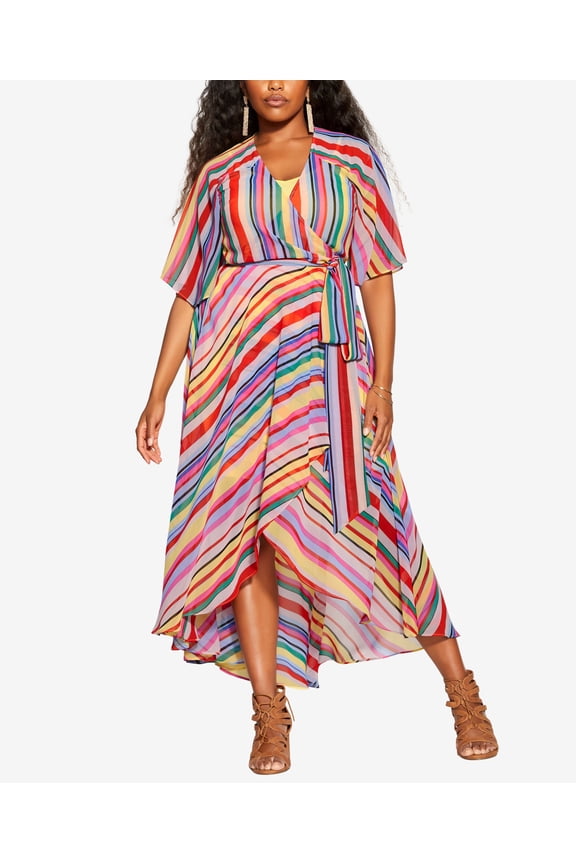 Trendy Plus Size Rainbow Deep V Neck Maxi Dress Rainbow Stripe 16W