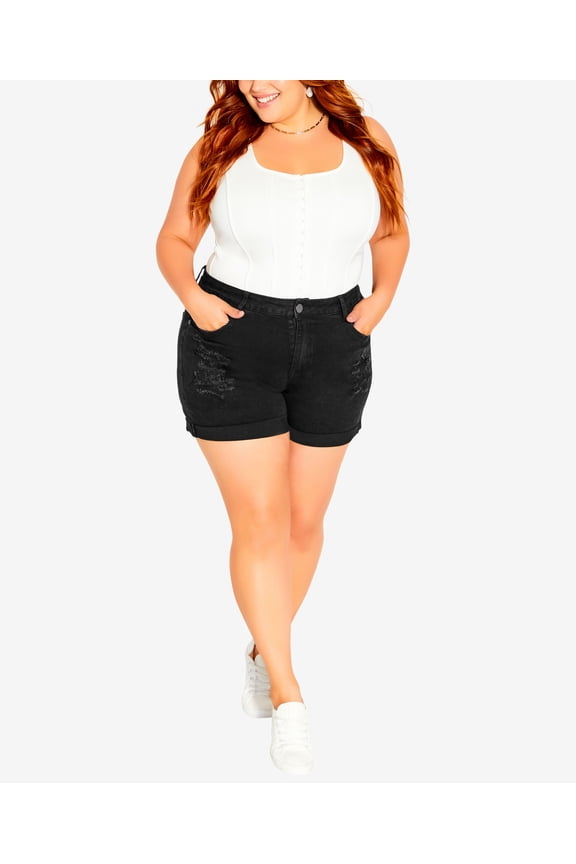 Trendy Plus Size Ripped Love High Rise Shorts Black Wash 12W