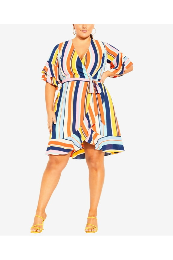 Trendy Plus Size Summer Stripe Faux Wrap Dress Summer Stripe 24W