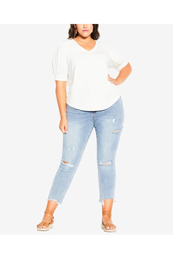 Trendy Plus Size V Sweet Sleeve V Neck Top Ivory 20W