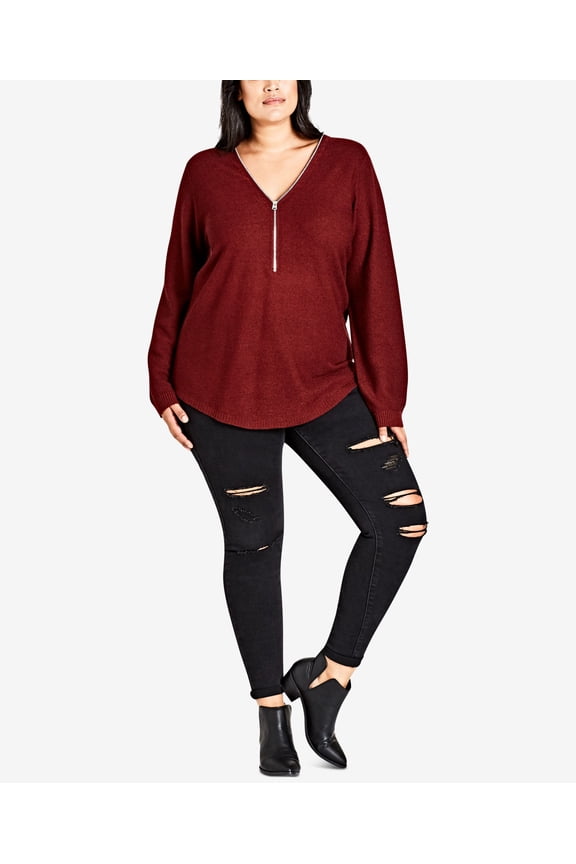 Trendy Plus Size Zipper Neck High Low Sweater Ruby 20W