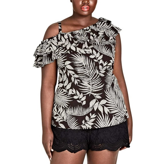 City Chic Women’s Trendy Plus Size Palm-Print Ruffle T-Shirt Tops, Black, 18W X Plus