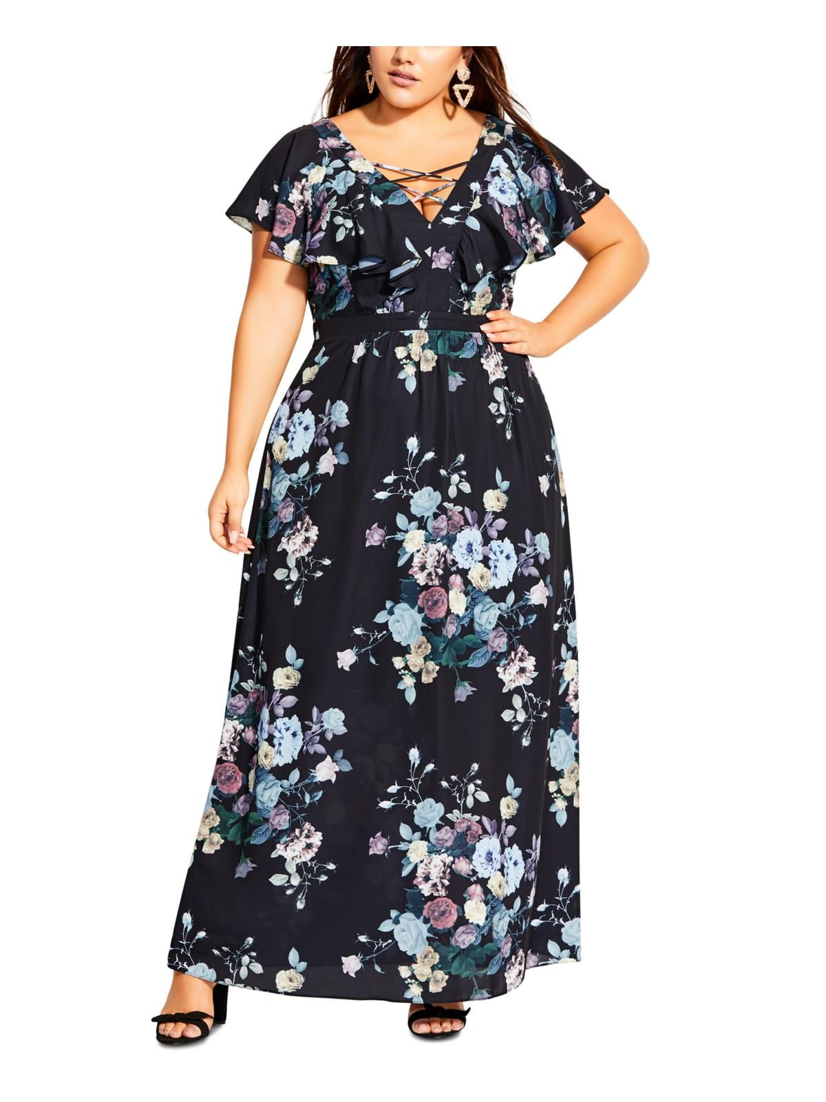 City Chic Women's Floral Print Lace up Maxi Dress Black Size Petite ...