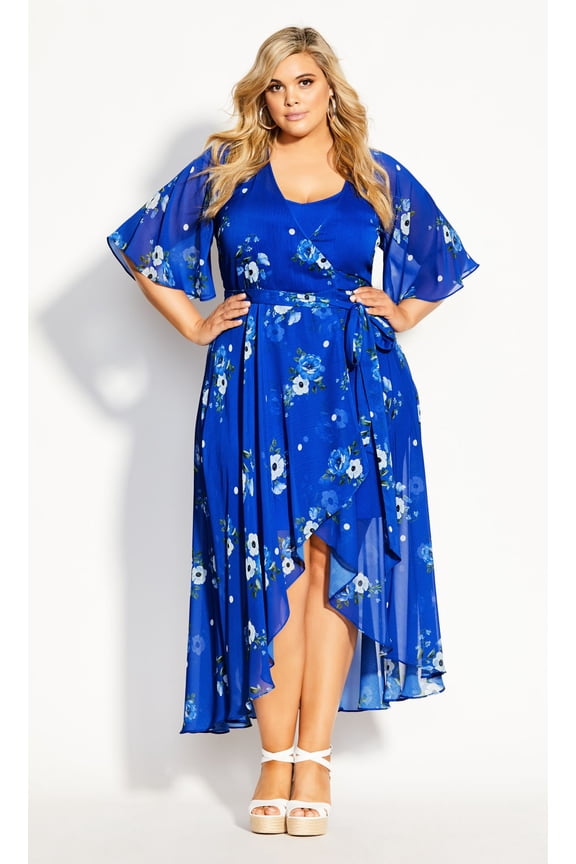 Women's Plus Size Blue Floral Maxi Dress Elbow Sleeves - Blue