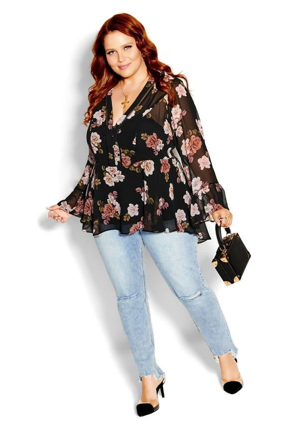 Women's Plus Size Floating Rose Blouse Top - Black