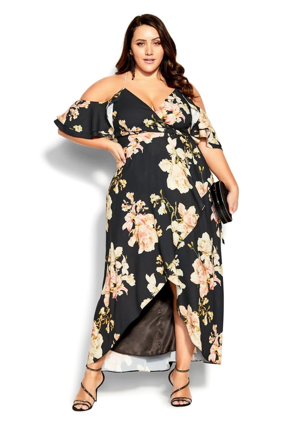 Women's Plus Size Floral Flourish Maxi Dress V-Neck - Black