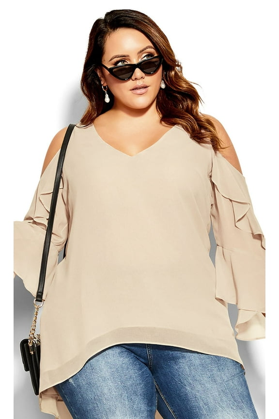 Women's Plus Size Hi Lo Cold Shoulder Top Full-Length Sleeves V-Neckline