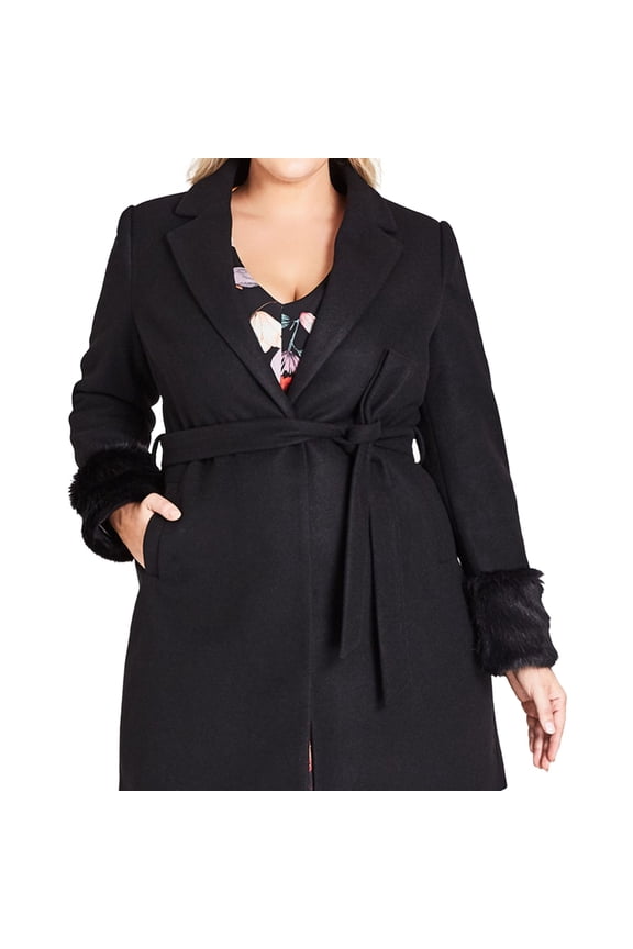 Womens Faux Fur Trim Coat, Black, Plus Size, L/20W