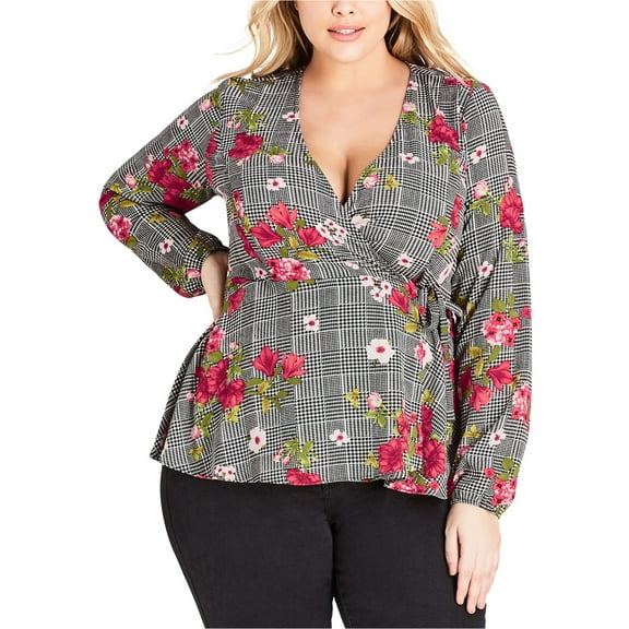 City Chic Womens Floral Wrap Blouse, Black, Plus Size, S/16W