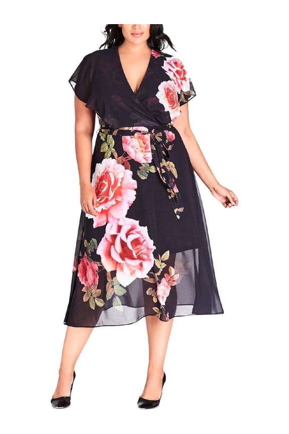 Womens Plus Chelsea Show Floral Print Surplice Neck Maxi Dress Black S