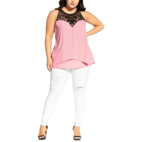 City Chic Womens Crochet Yoke Layered Blouse Wine, wine, 18W