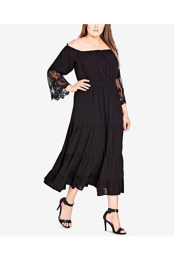 Womens Plus Ethereal Blouson Illusion Maxi Dress Black M