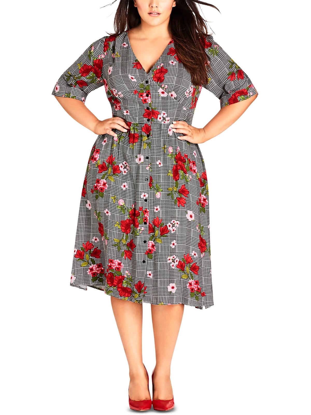 City Chic Plus Womens Houndstooth Floral Casual Dress, Sloane Floral
