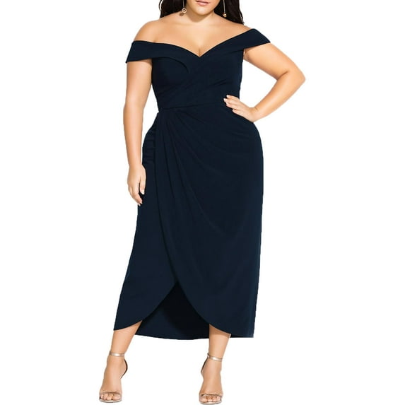 City Chic Womens Plus Rippled Love Off-The-Shoulder Midi Cocktail Dress Navy 18