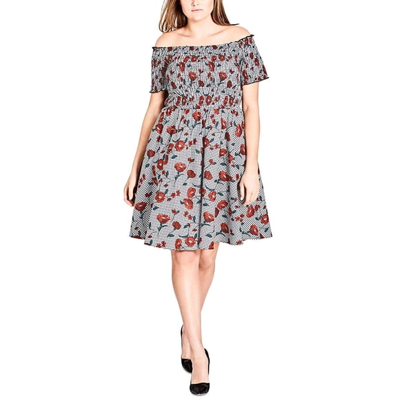 City Chic Womens Trendy Plus Size Cotton Smocked Off The Shoulder Dress Picnic Floral XL 22W