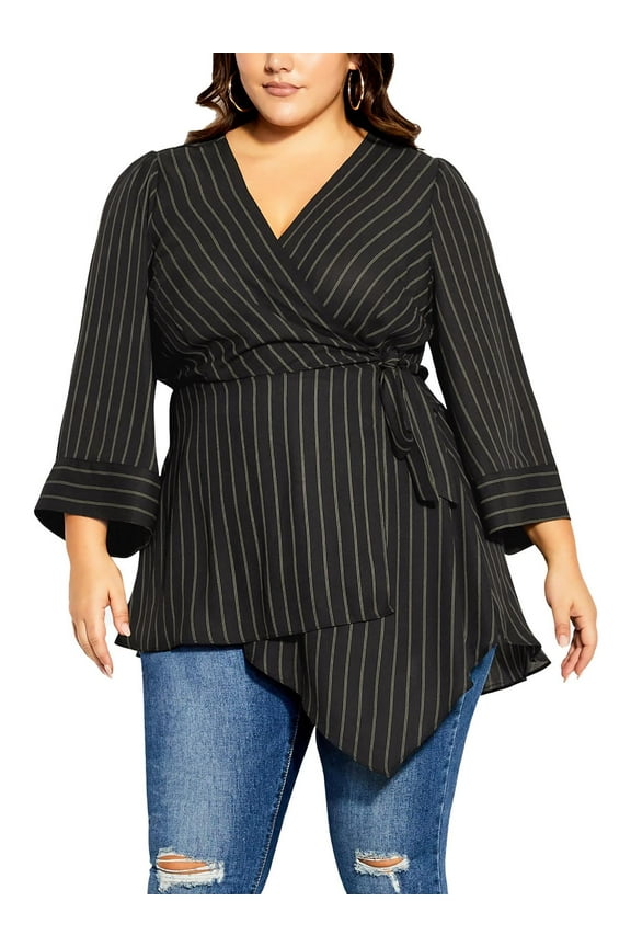 Womens Plus Tunic Striped Wrap Top