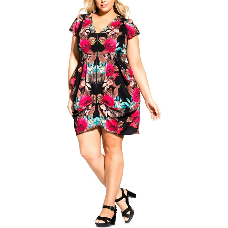 City Chic Womens Plus Woven Floral Print Tunic Dress Black 24