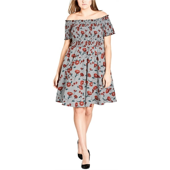 City Chic Womens Smocked Floral Off-Shoulder Dress, Black, Plus Size, L/20W