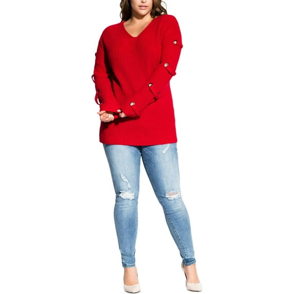 City Chic Womens V-Neck Ribbed Sweater Red XL