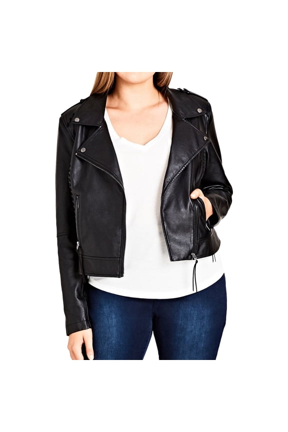 Womens Whipstitched Biker Jacket, Black, Plus Size, 16W