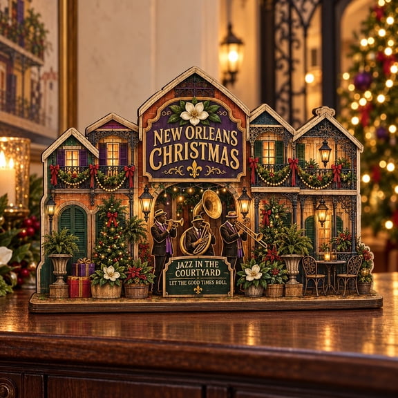 City Christmas Plaque, New Orleans Jazz Courtyard Wooden Tabletop Display for Music Lovers