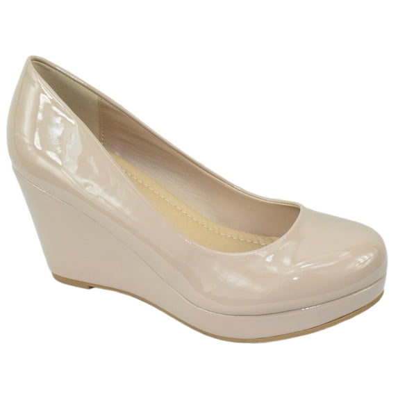 City Classified Shoes Women Classic Wedge Round Toe Platform Pumps THOMAS Beige Patent 9