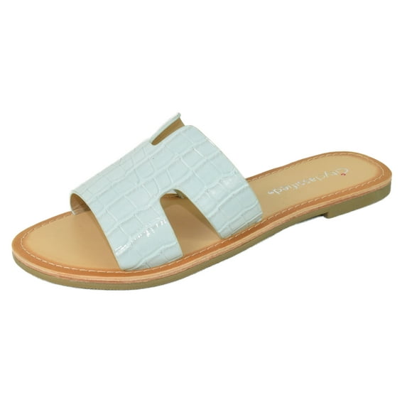 City Classified Shoes Women Flip Flops Basic Plain Sandals Cut Out Strap Casual Slide Slippers Beach SALVIA-S Crocodile Green Light Mint 5.5