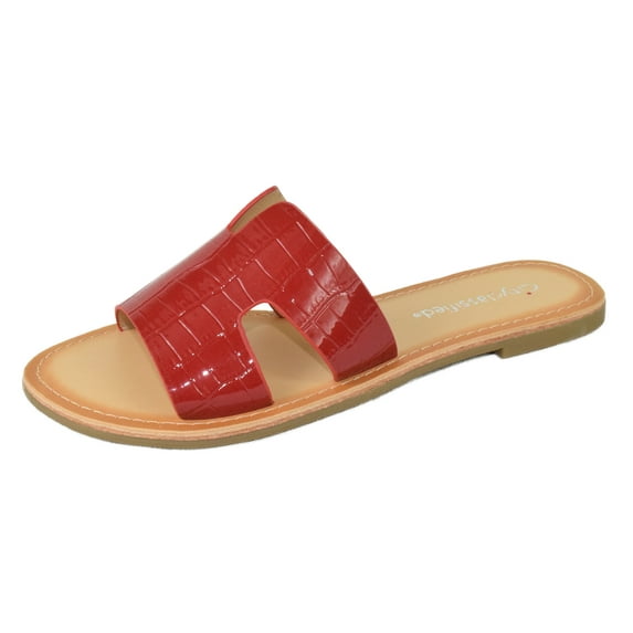 City Classified Shoes Women Flip Flops Basic Plain Sandals Cut Out Strap Casual Slide Slippers Beach SALVIA-S Crocodile Red 6