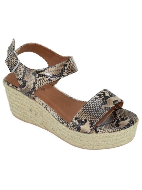 City Classified Women Wedge Sandals Open Toe Ankle Strap Flatform Espadrilles Platform LUTHOR-S Beige Sanke Python 7.5