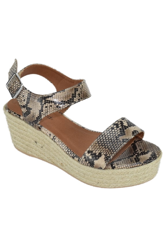 City Classified Women Wedge Sandals Open Toe Ankle Strap Flatform Espadrilles Platform LUTHOR-S Beige Sanke Python 9