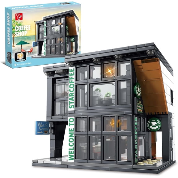 City Coffee Shop Building Block Set, 581PCS Architecture Model with Lights for Display & Decor, Realistic Cafe Toy