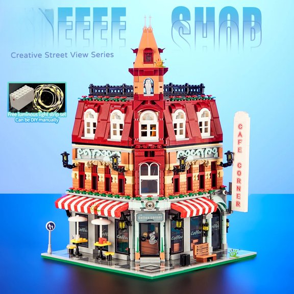 City Corner Coffee Shop Architecture Style Street View Micro Building Blocks for Children Construction Bricks