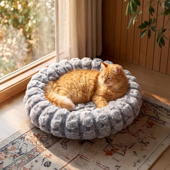 City & Cuddle Cat Beds for Indoor Cats 20 Inch Calming Round Dog Bed Washable Pet Bed for Small Dogs & Cats, Cute Puppy Bed with Anti-Slip Bottom, Gray