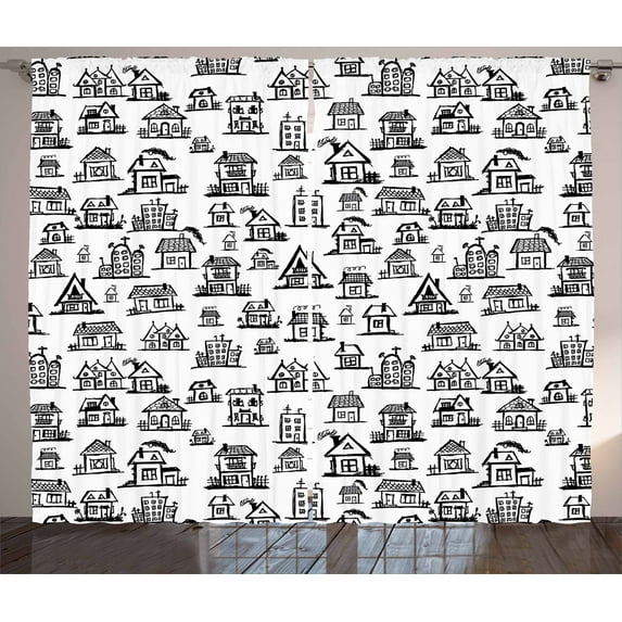 Ambesonne City Curtains 2 Panel Set, Village Houses Doodle Town, 108" x 96", Black White