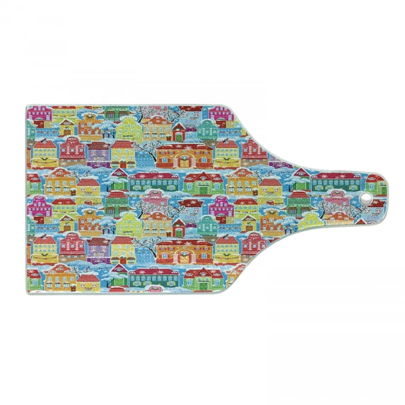 City Cutting Board, Colorful Town Design Ornamental Winter Holiday Christmas Time Architecture Pattern, Decorative Tempered Glass Cutting and Serving Board, in 3 Sizes, by Ambesonne