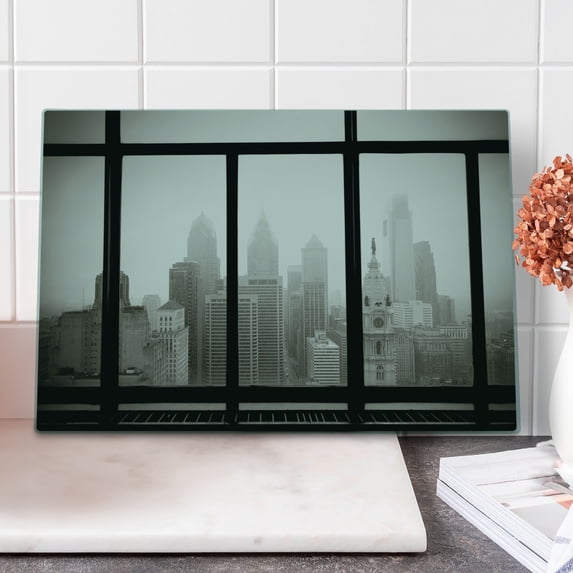 City Cutting Board, Philadelphia City Rooftop View Through Window Skyline Landmark Rooftop Travel, Decorative Tempered Glass Cutting and Serving Board, Large Size, Dimgray and Black, by Ambesonne