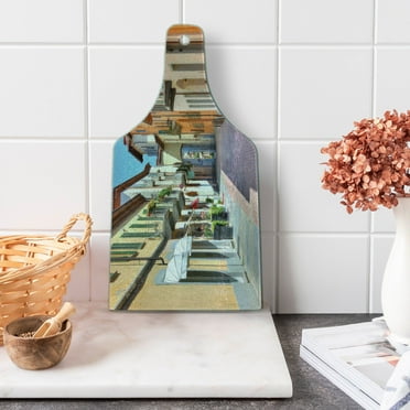 City Cutting Board, Town of Alba Piedmont Northern Italy Narrow Stone Paved Street Among Colorful Houses, Tempered Glass Cutting and Serving Board, Wine Bottle Shape, Multicolor, by Ambesonne