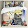 thumbnail image 1 of City Decor Queen Size Duvet Cover Set, Musical Notes Cat with the Keyboard on Rooftops in Night Sky Old Town Full Moon Art, Decorative 3 Piece Bedding Set with 2 Pillow Shams, Multi, by Ambesonne, 1 of 3