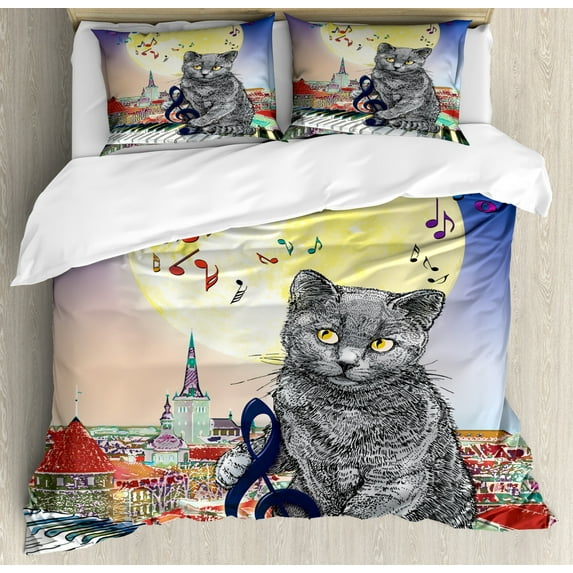 City Decor Queen Size Duvet Cover Set, Musical Notes Cat with the Keyboard on Rooftops in Night Sky Old Town Full Moon Art, Decorative 3 Piece Bedding Set with 2 Pillow Shams, Multi, by Ambesonne