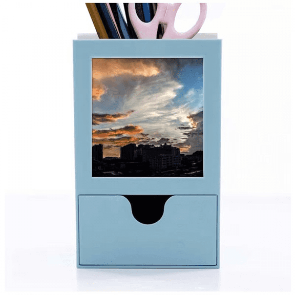 City Dusk Clouds Orange Sky Desk Supplies Organizer Pen Holder Card
