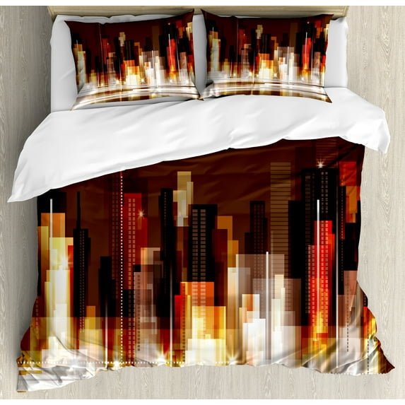 City Duvet Cover Set, Abstract Urban Downtown Vibrant Silhouettes Buildings Panorama Modern, Decorative 3 Piece Bedding Set with 2 Pillow Shams, Calking Size, Brown Multicolor, by Ambesonne