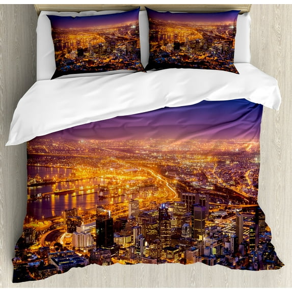 City Duvet Cover Set, Cape Town Panorama at Dawn South Africa Coastline Roads Architecture Twilight, Decorative 3 Piece Bedding Set with 2 Pillow Shams, King Size, Marigold Blue Pink, by Ambesonne