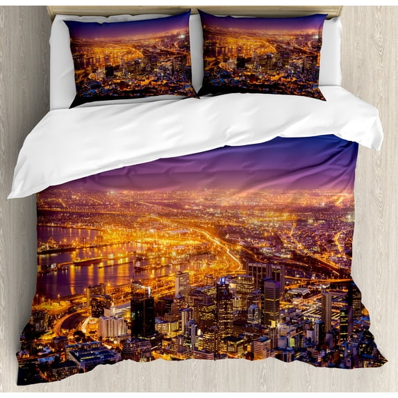 City Duvet Cover Set, Cape Town Panorama at Dawn South Africa Coastline Roads Architecture Twilight, Decorative 3 Piece Bedding Set with 2 Pillow Shams, Queen Size, Marigold Blue Pink, by Ambesonne